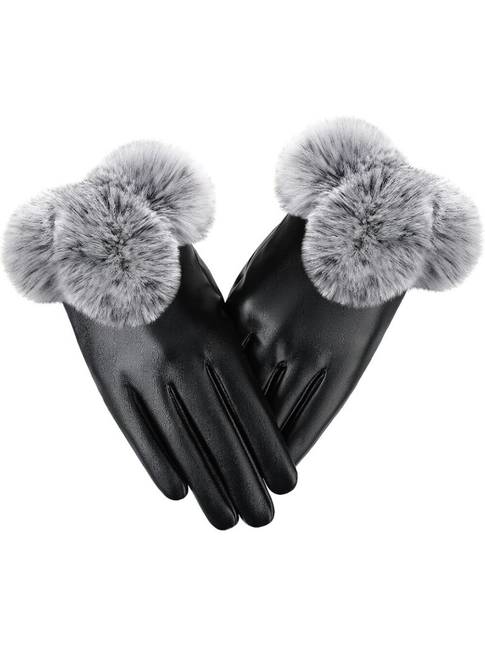 Women's Black L Windproof Touch Screen PU Soft Plush Leather Winter Gloves